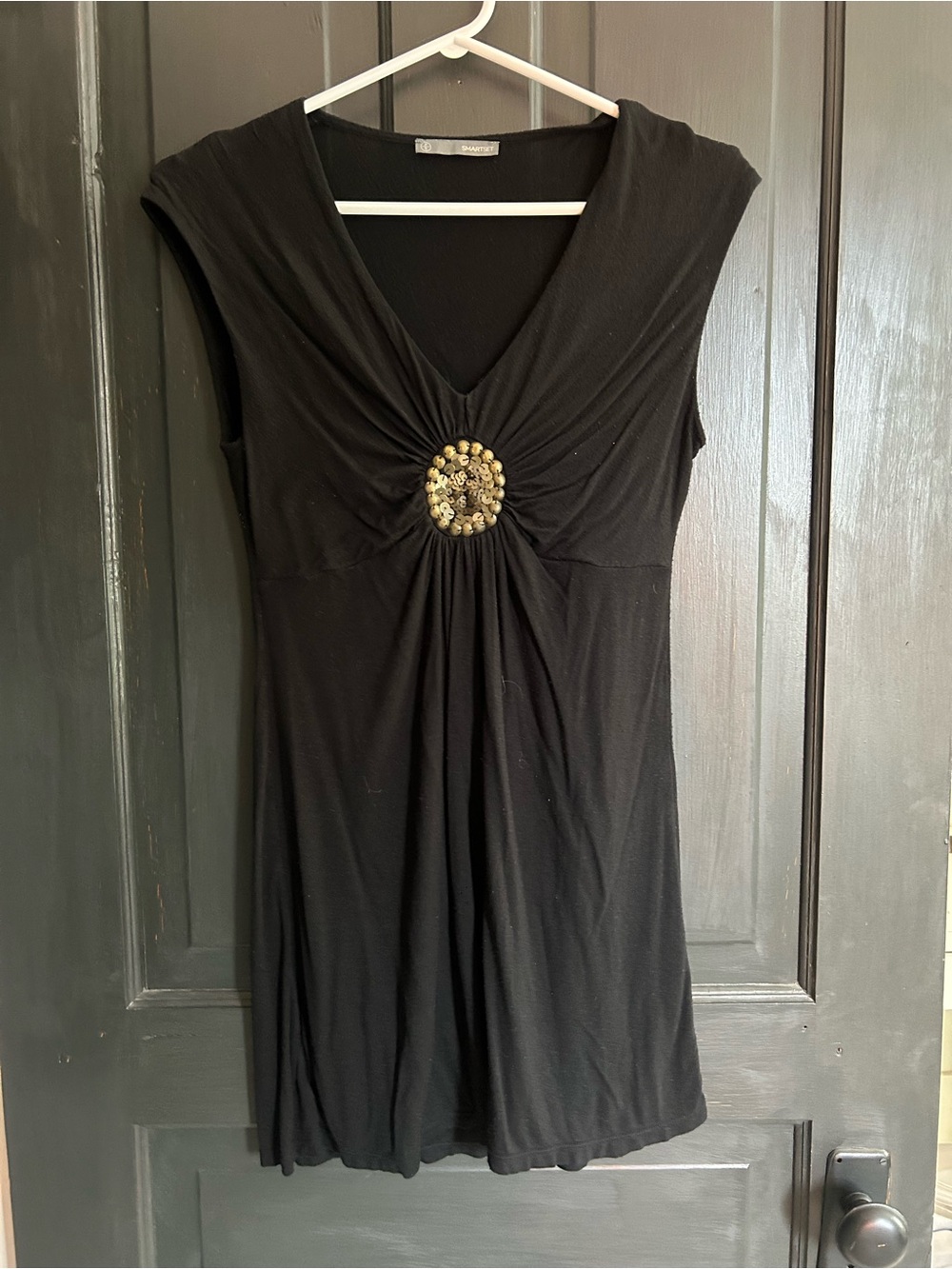 Black V-Neck Sleeveless Dress with Center Embellishment
